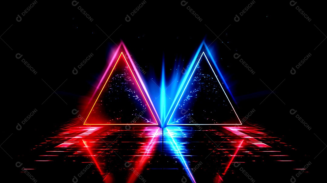 Borda de triângulos de luzes neon em fundo escuro luzes coloridas com visão tecnológica
