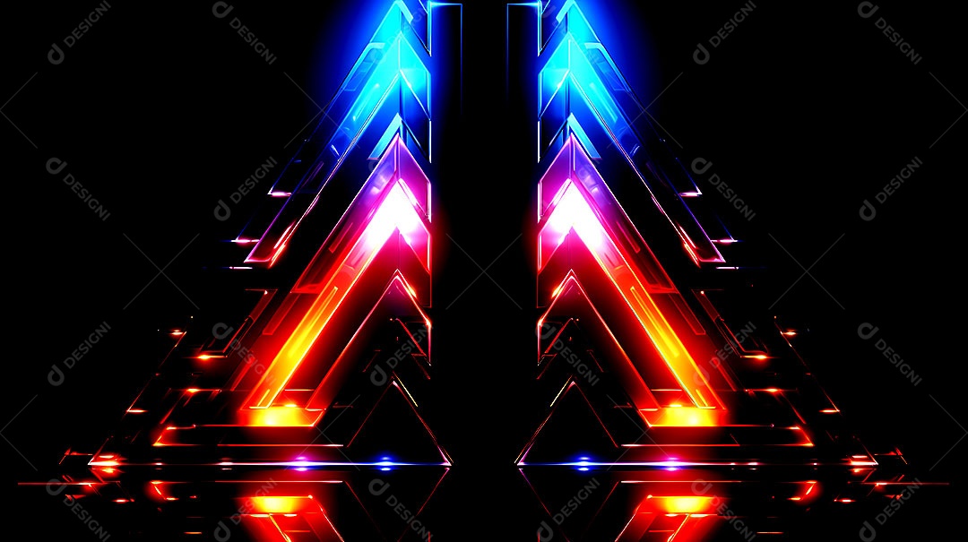 Borda de triângulos de luzes neon em fundo escuro luzes coloridas com visão tecnológica