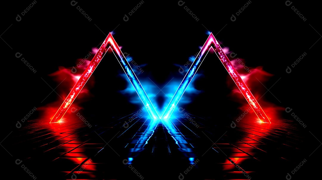 Borda de triângulos de luzes neon em fundo escuro luzes coloridas com visão tecnológica