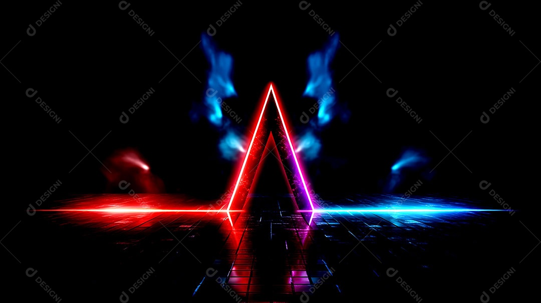Borda de triângulos de luzes neon em fundo escuro luzes coloridas com visão tecnológica