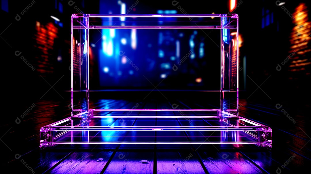 Pódio de vidro com efeito de luzes cinematográficas fundos de luzes de neon