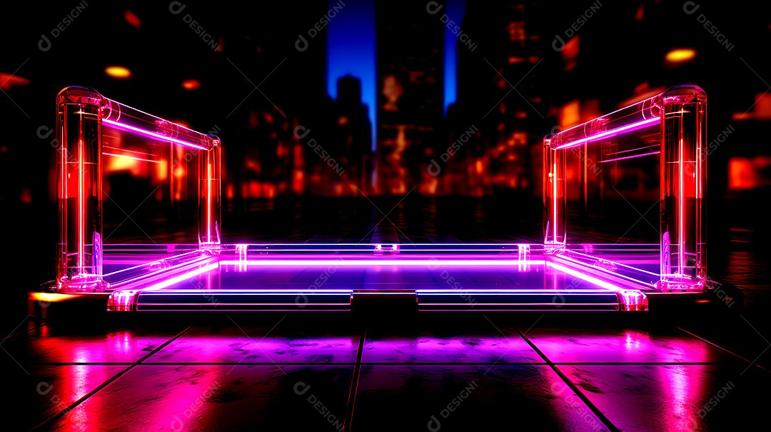 Pódio de vidro com efeito de luzes cinematográficas fundos de luzes de neon