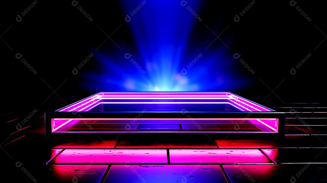 Pódio de vidro com efeito de luzes cinematográficas fundos de luzes de neon