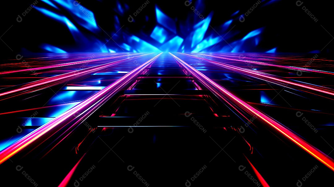 Luzes de neon se movendo em uma rua escura vista das luzes da cidade