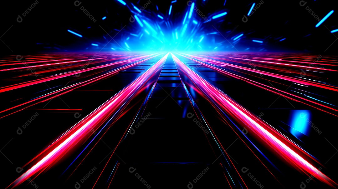 Luzes de neon se movendo em uma rua escura vista das luzes da cidade