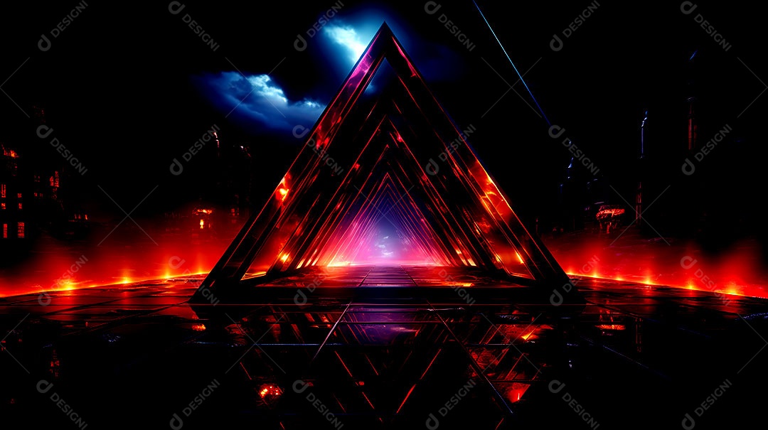 Luzes de neon se movendo em uma rua escura vista das luzes da cidade