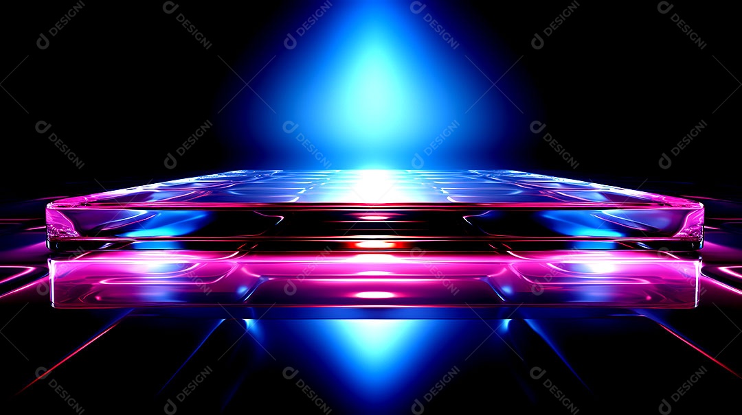 Pódio de vidro com efeito de luzes cinematográficas fundos de luzes de neon