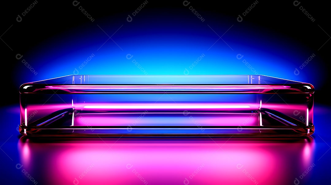 Pódio de vidro com efeito de luzes cinematográficas fundos de luzes de neon