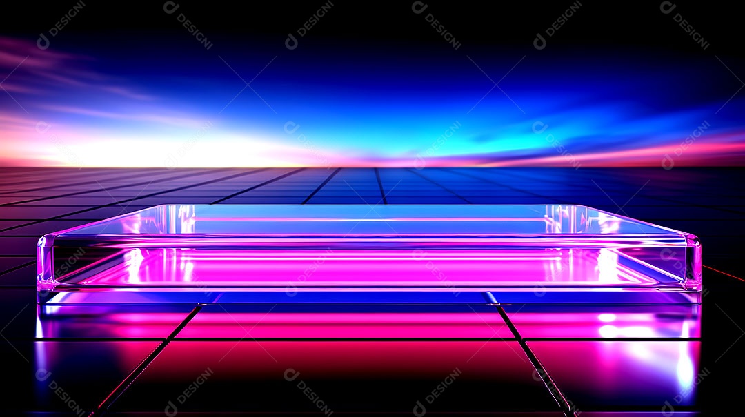 Pódio de vidro com efeito de luzes cinematográficas fundos de luzes de neon