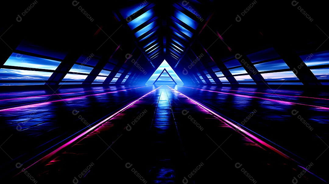 Luzes de neon se movendo em uma rua escura vista das luzes da cidade