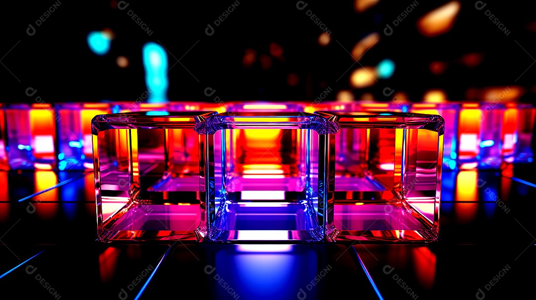 Pódio de vidro com efeito de luzes cinematográficas fundos de luzes de neon