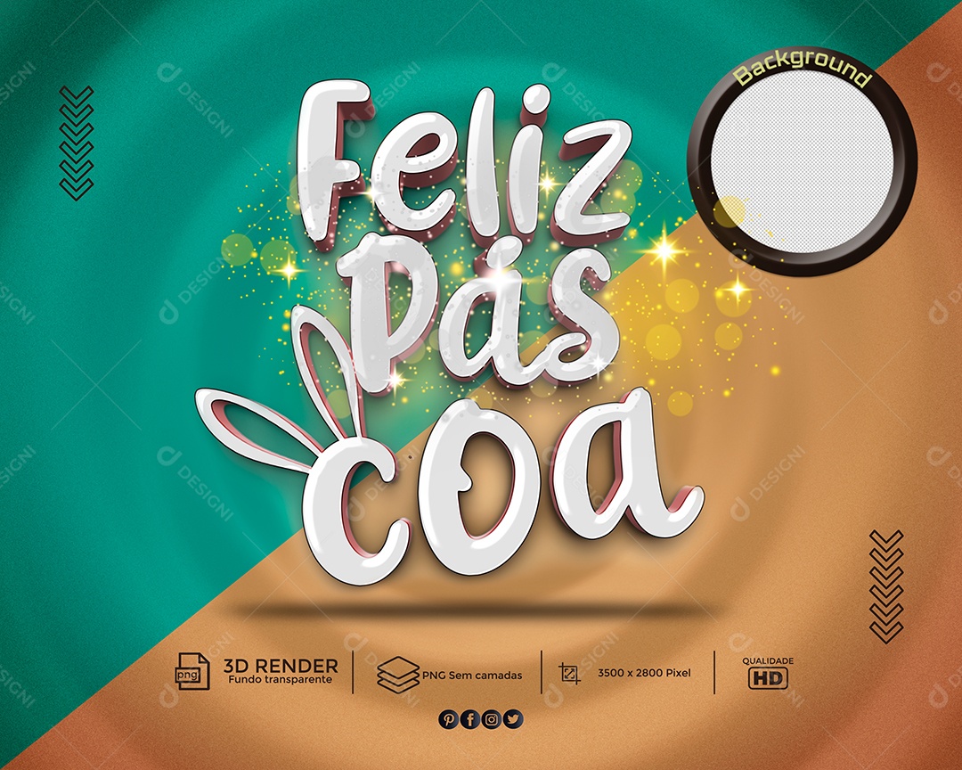 Feliz Páscoa Selo 3D Branco para Composição PSD