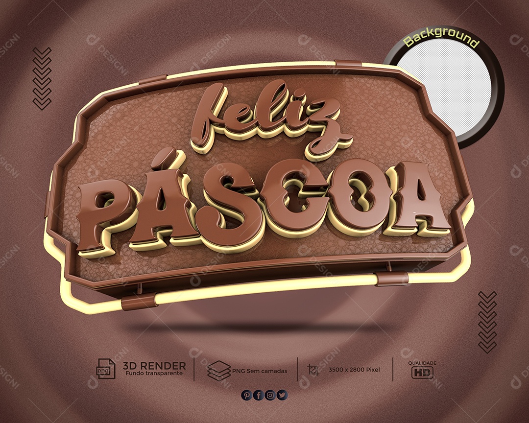 Feliz Páscoa Selo 3D Marron e Branco para Composição PSD