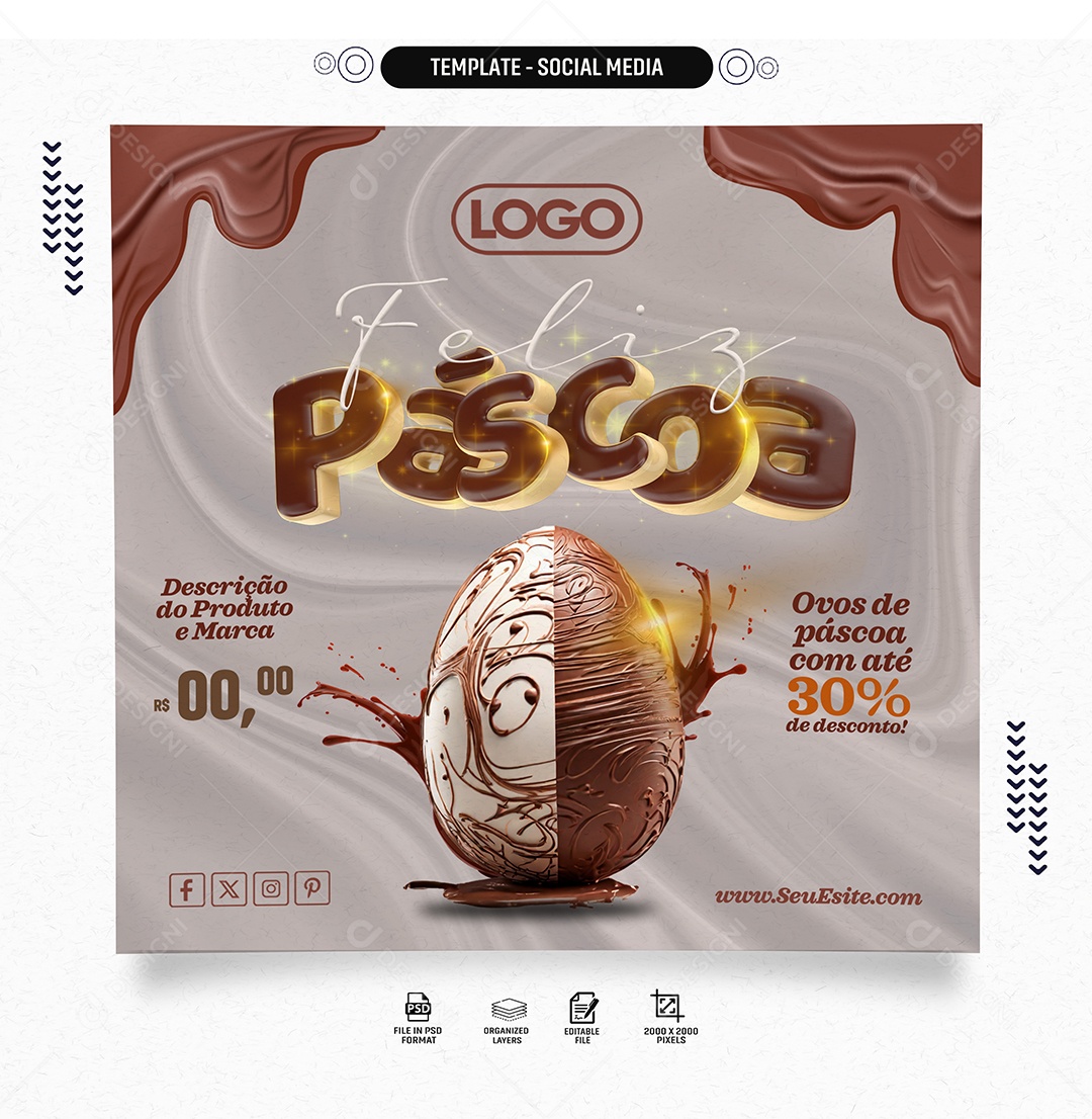 Feliz Páscoa Ovos com Descontos Social Media PSD Editável
