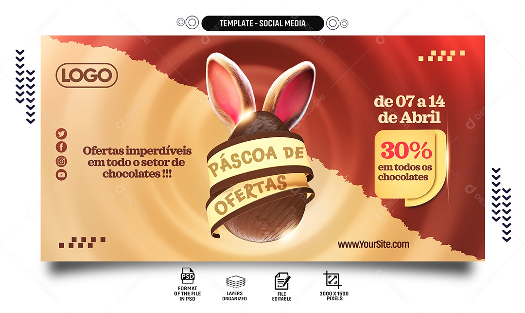 Banner Páscoa de Ofertas Imperdíveis em todo Setor de Chocolates Social Media PSD Editável
