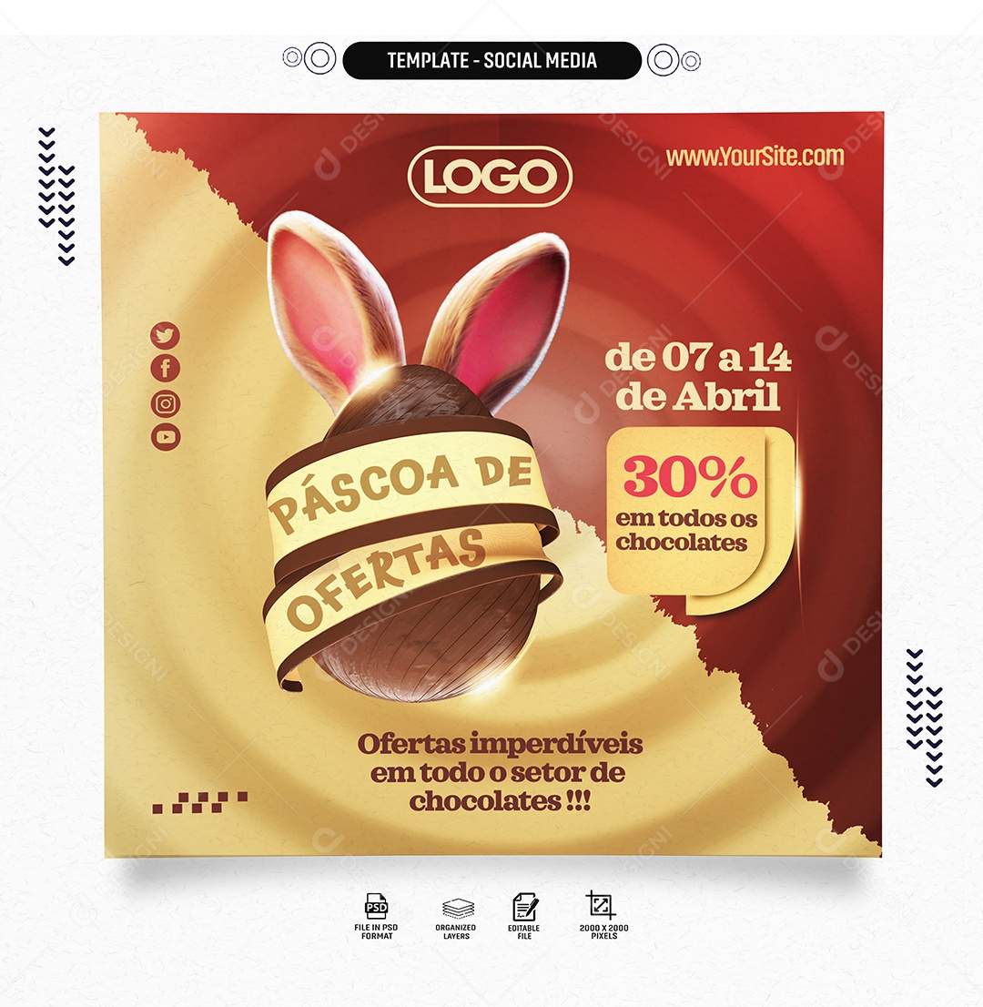 Páscoa de Ofertas Imperdíveis em todo Setor de Chocolates Social Media PSD Editável