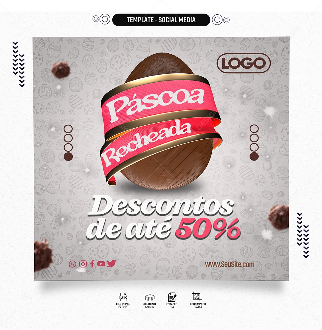 Páscoa Recheada Desconto de Até 50% Social Media PSD Editável
