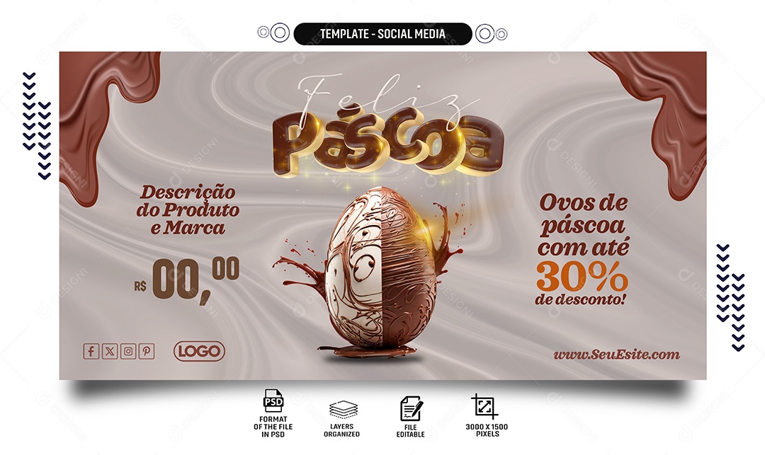 Banner Feliz Páscoa Ovos com Até 30% de Desconto Social Media PSD Editável