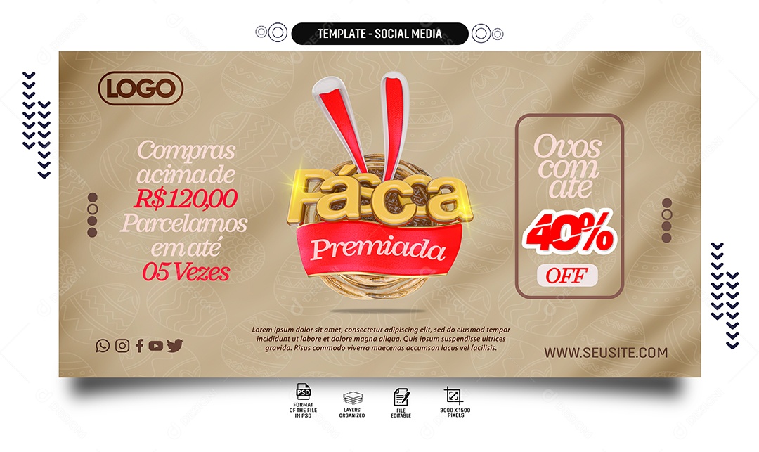 Banner Páscoa Premiada Compras Acima de 120,00 Parcelamos em Até 5 Vezes Social Media PSD Editável