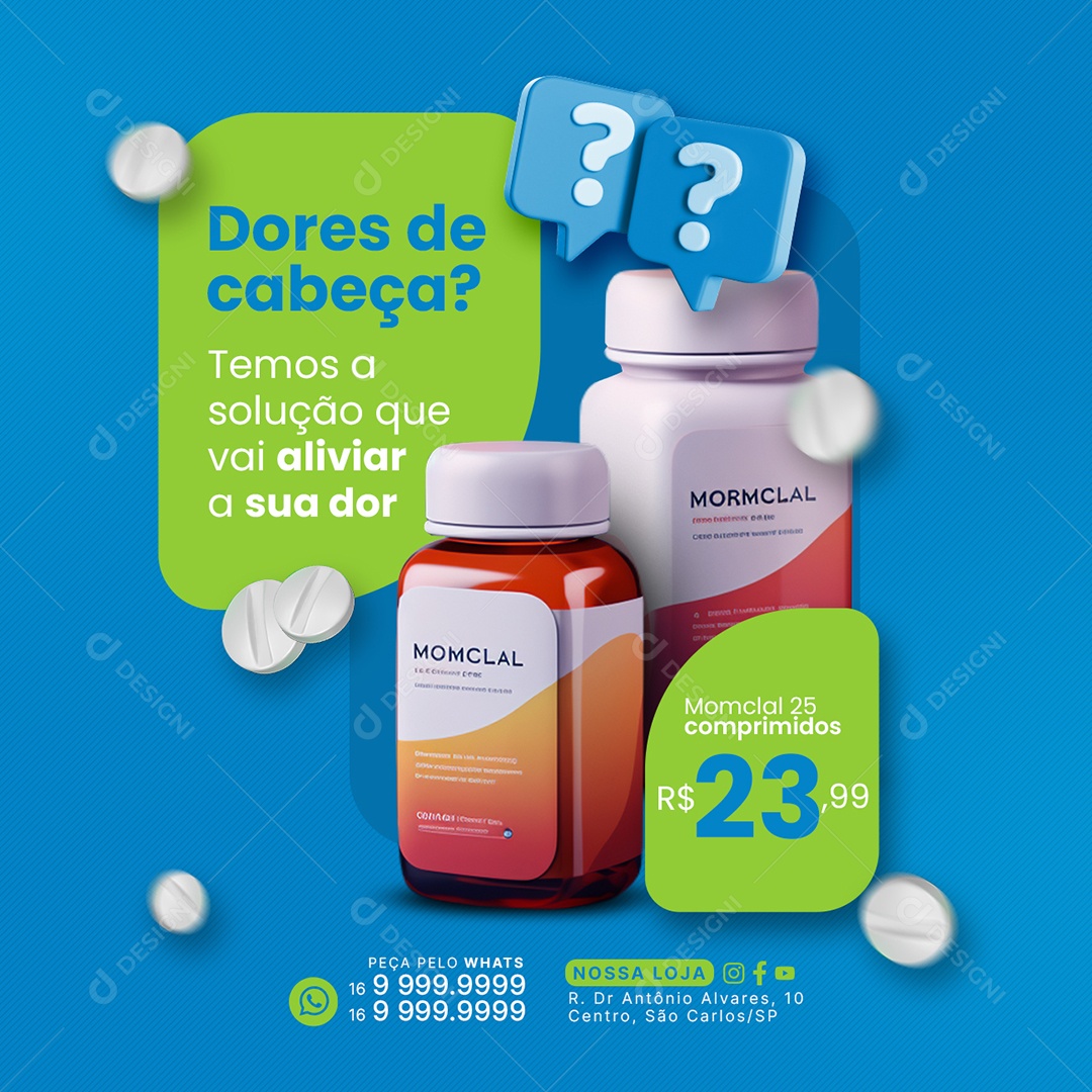 Farmácia Dores de cabeça Temos a solução que vai aliviar a sua dor Social Media PSD Editável