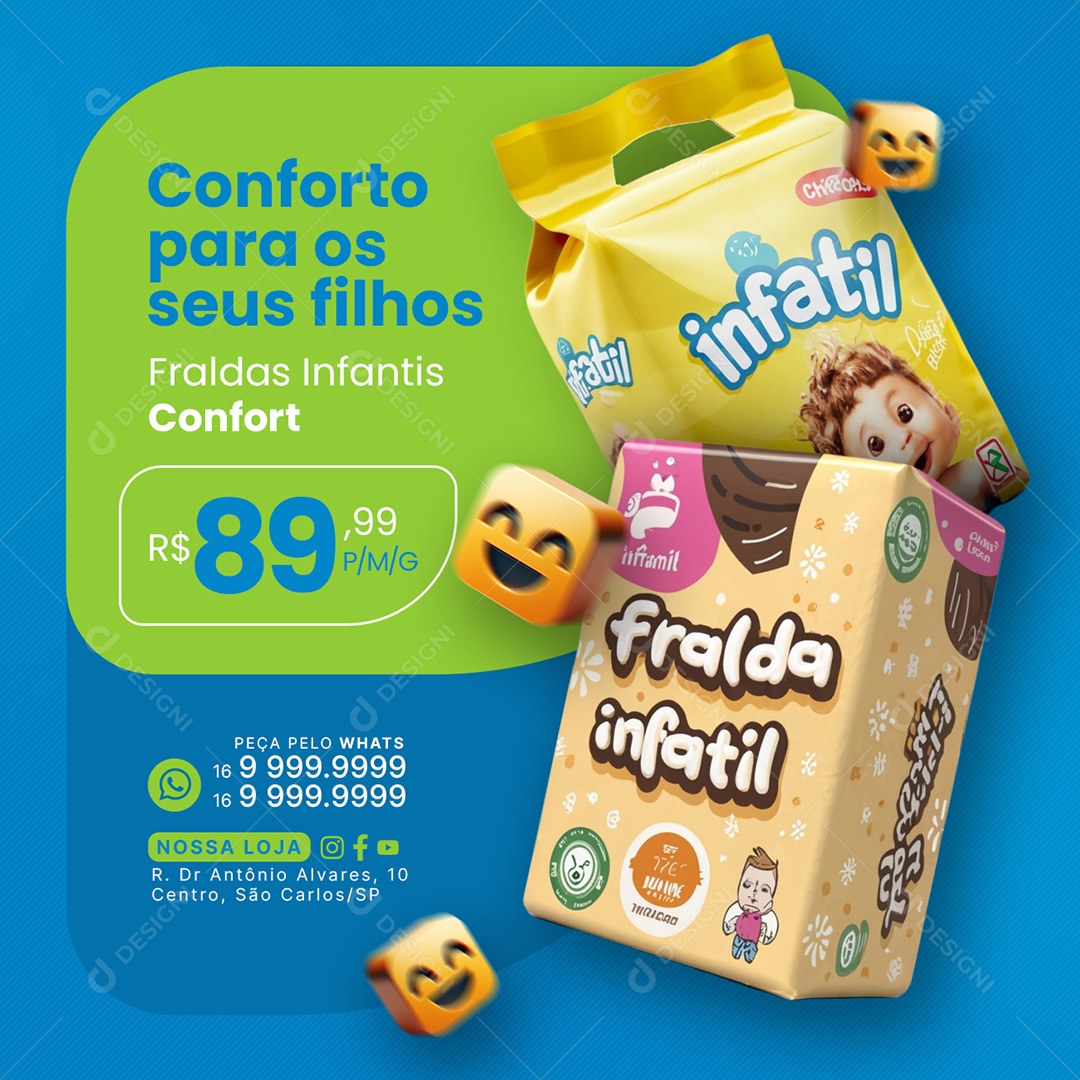 Farmácia Conforto para os seus filhos Fraldas Infantis Confort Social Media PSD Editável