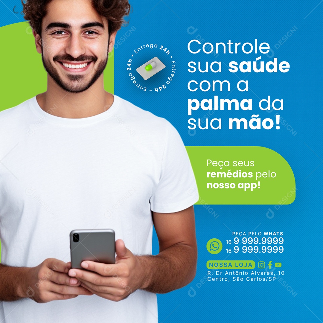 Farmácia Controle sua saúde com a palma da sua mão Social Media PSD Editável