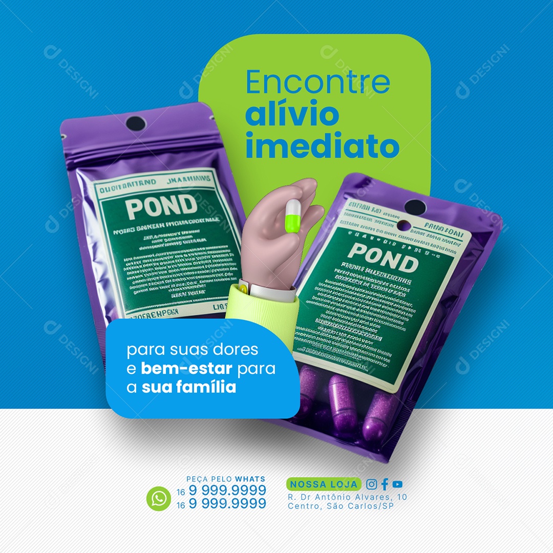 Farmácia Encontre alívio imediato para suas dores e bem estar Social Media PSD Editável