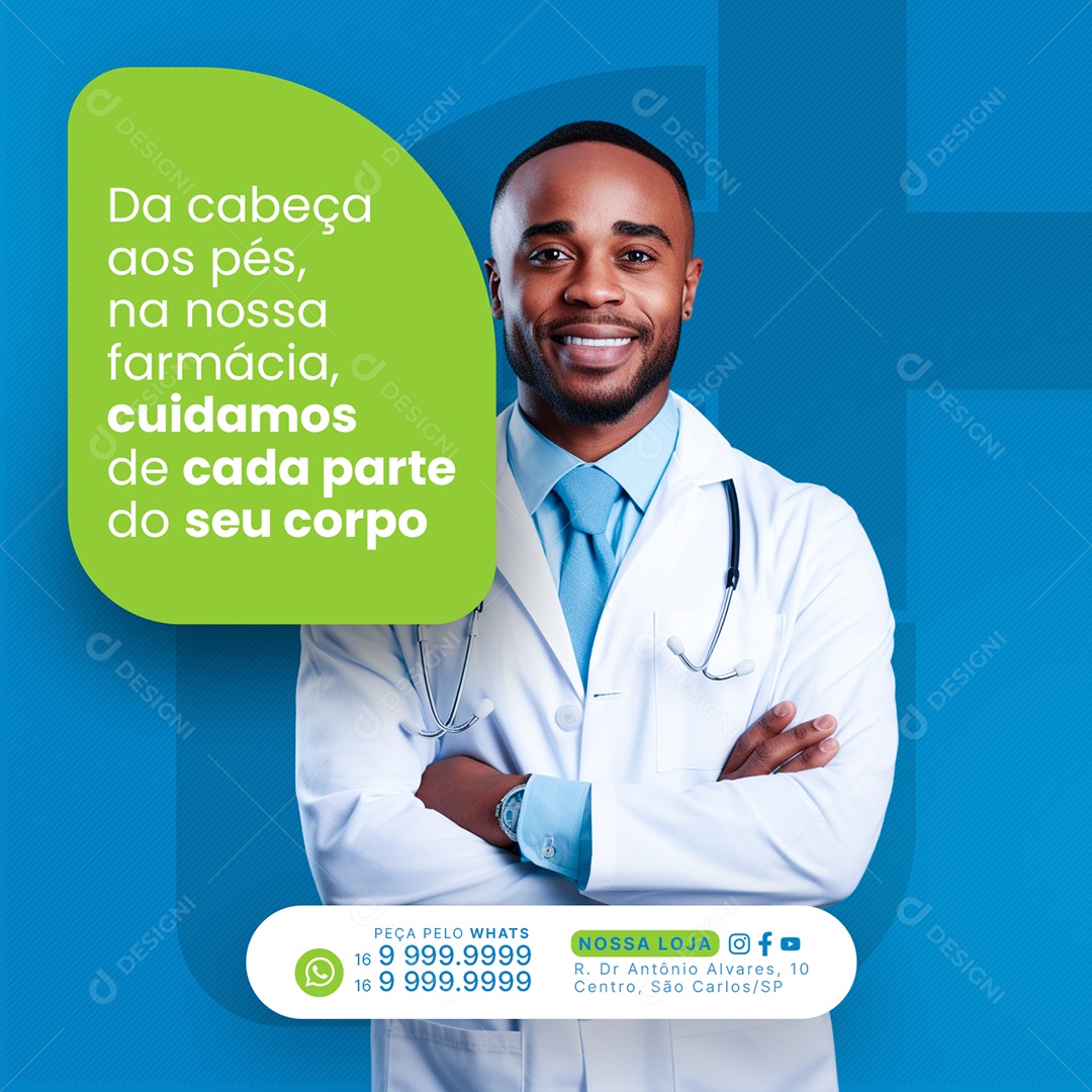 Da cabeça aos pés na nossa farmácia cuidamos de cada parte Social Media PSD Editável