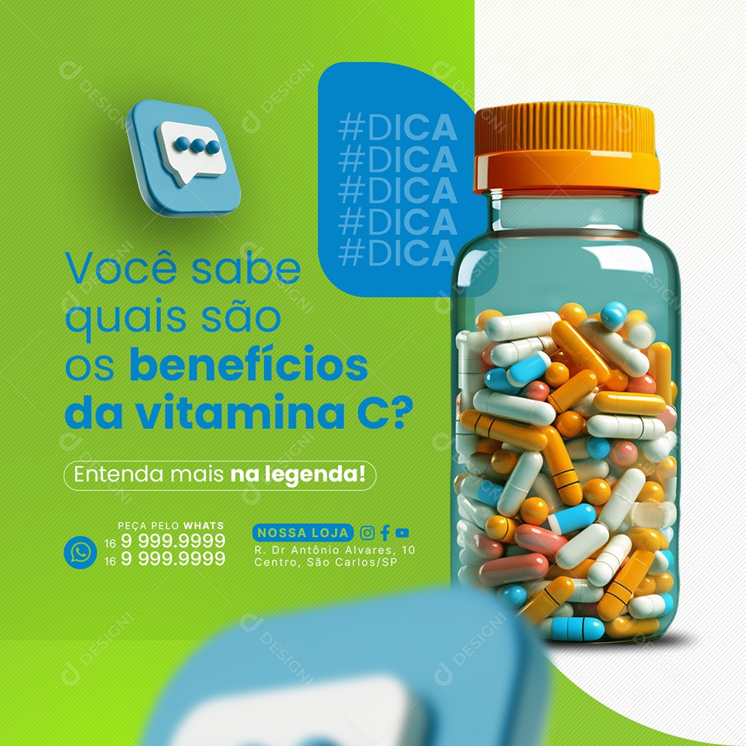 Farmácia Você sabe quais são os benefícios da vitamina C Social Media PSD Editável