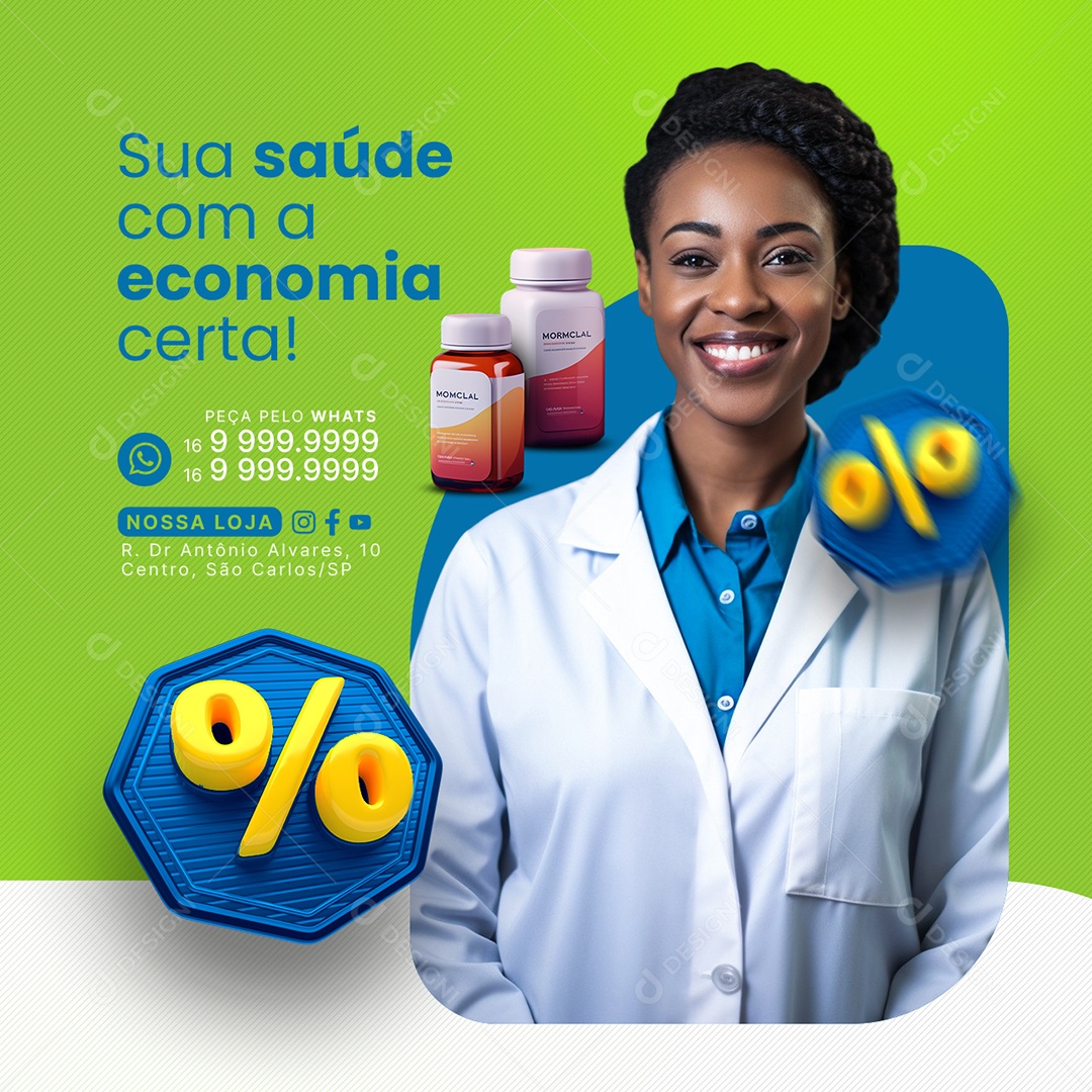 Farmácia Sua saúde com a economia certa Social Media PSD Editável