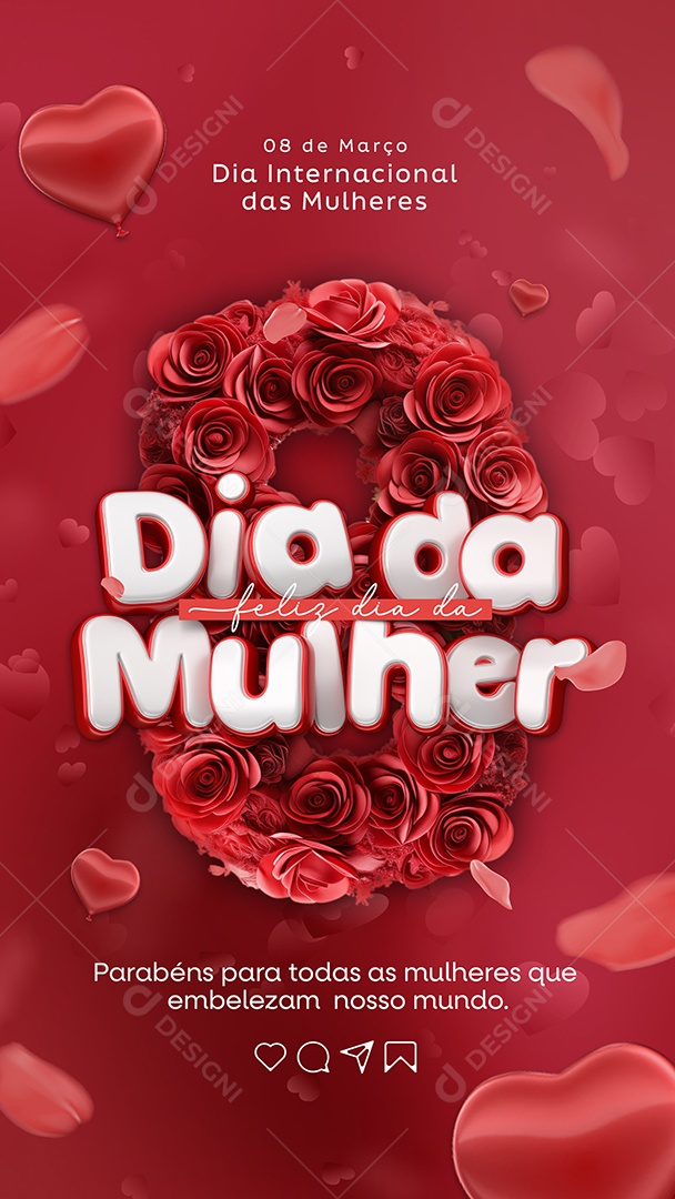 Story Feliz Dia da Mulher Parabéns para todas as mulheres Social Media PSD Editável