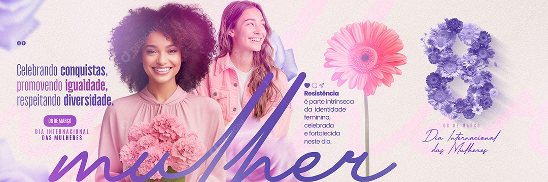 Carrossel Dia Internacional das Mulheres 8 de Março Celebrando Conquistas Promovendo Igualdade Social Media PSD Editável