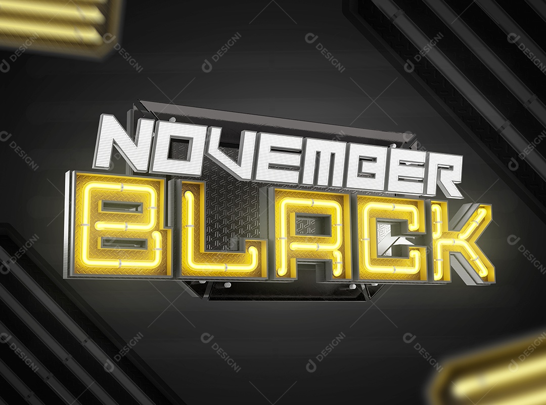 Selo 3D November Black Branco e Amarelo com Luz Neon para Composição PSD