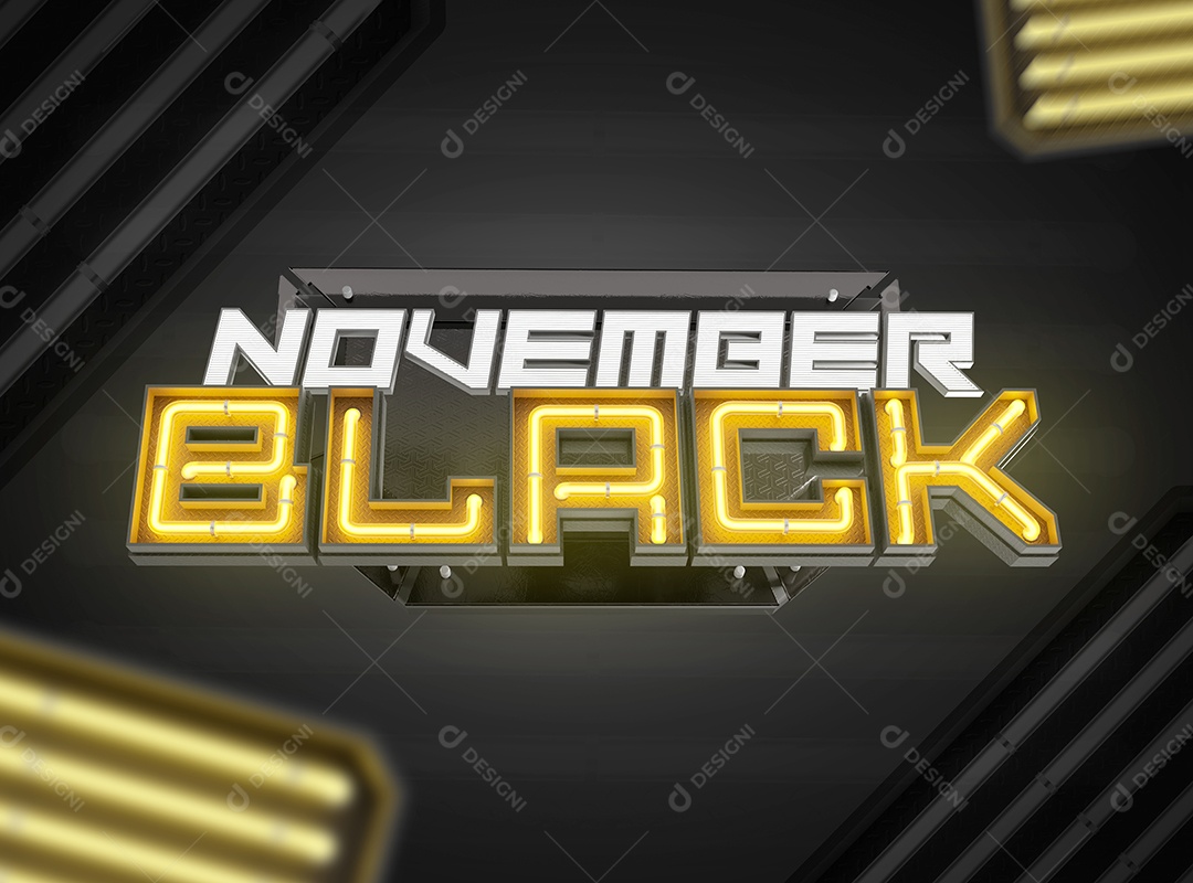 November Black Selo 3D Branco e Amarelo com Luz Neon para Composição PSD