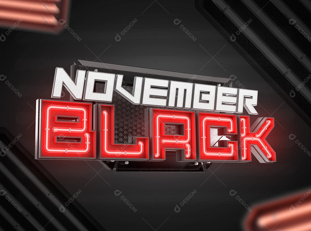 November Black Selo 3D Branco e Vermelho com Luz Neon para Composição PSD