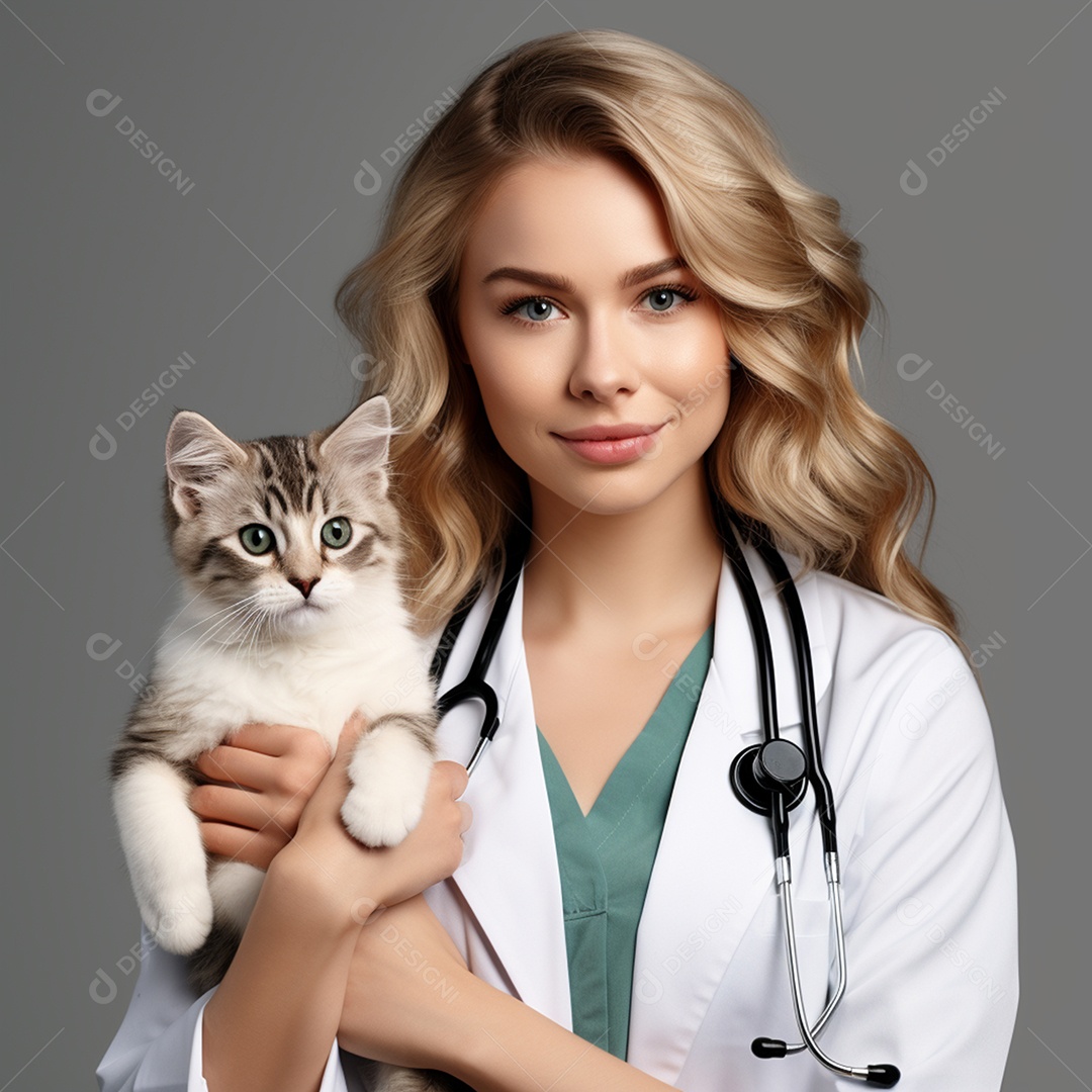 Linda mulher jovem veterinária sobre fundo isolado