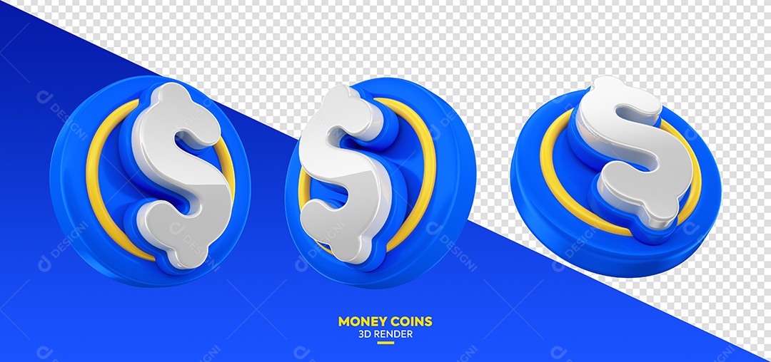 Moedas do Dia Do Consumidor Elemento 3D Azul Cinza e Amarelo para Composição PSD