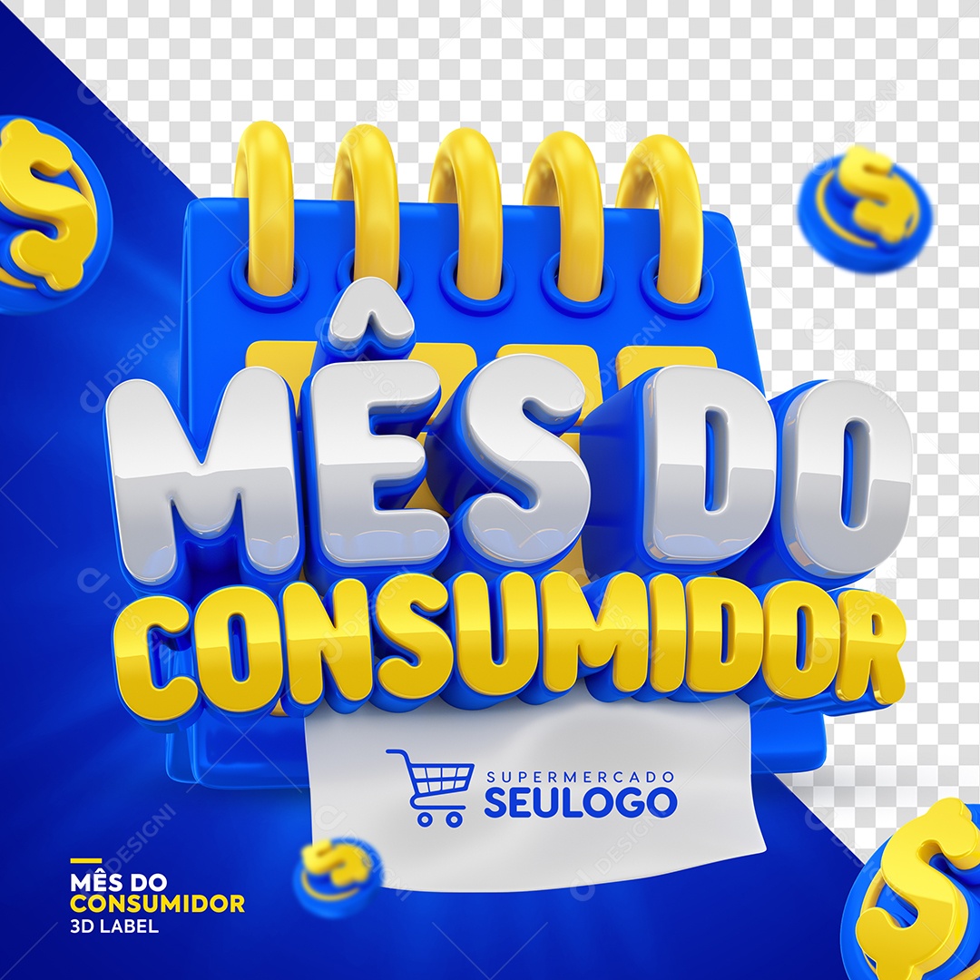 Mês Do Consumidor Selo 3D Cinza Amarelo e Azul para Composição PSD