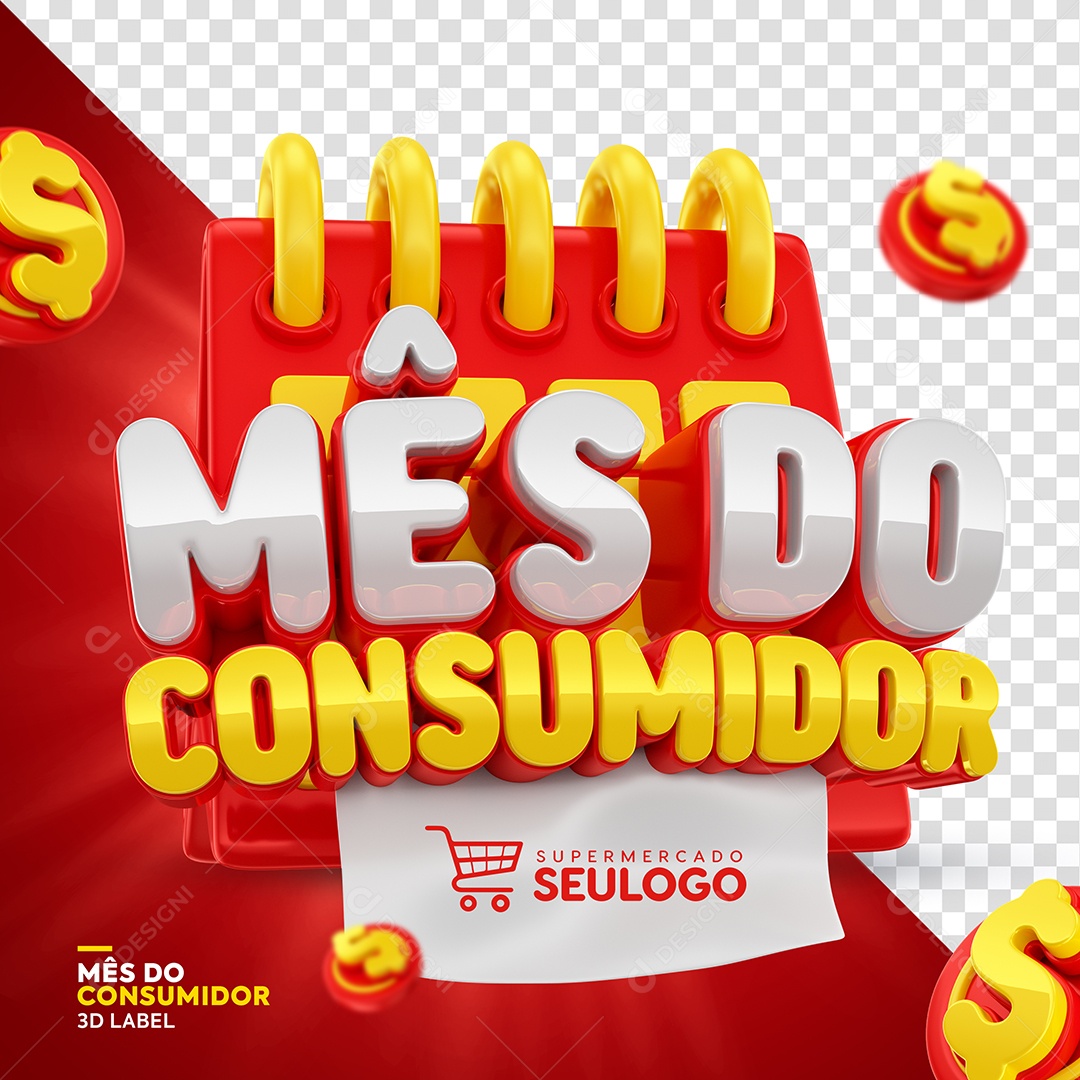 Mês Do Consumidor Selo 3D Cinza Amarelo e Vermelho para Composição PSD
