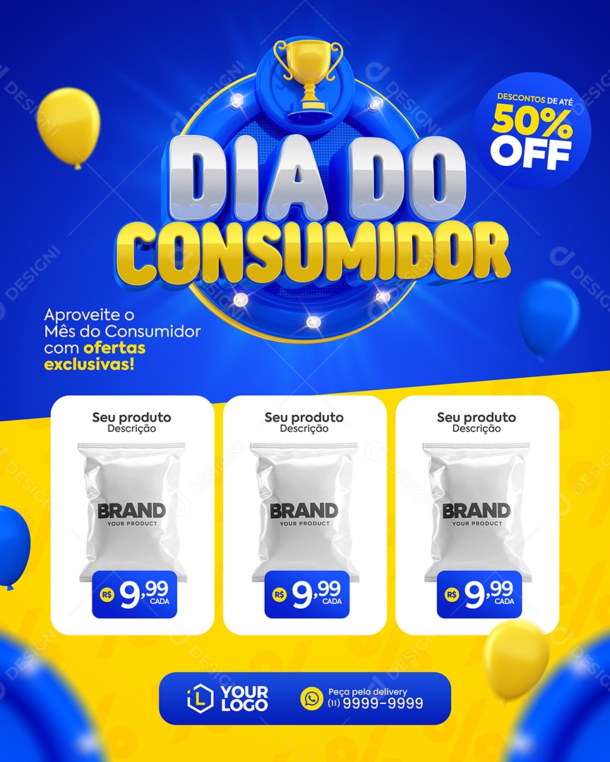 Social Media Dia do Consumidor produtos ofertas exclusivas PSD Editável