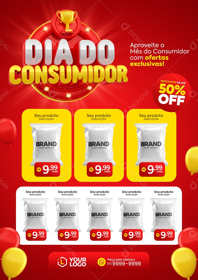 Encarte Dia do Consumidor produtos Descontos de até 50% Off Social Media PSD Editável