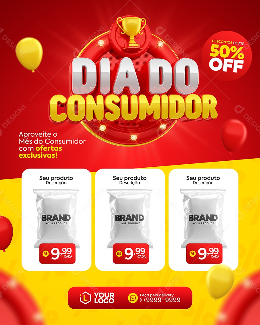 Dia do Consumidor produtos Descontos de até 50% Off Social Media PSD Editável