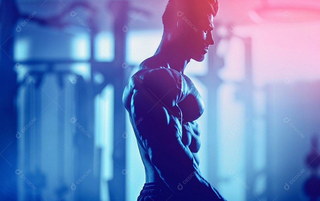 Homem fisiculturista sobre academia de fundo de cor sólida