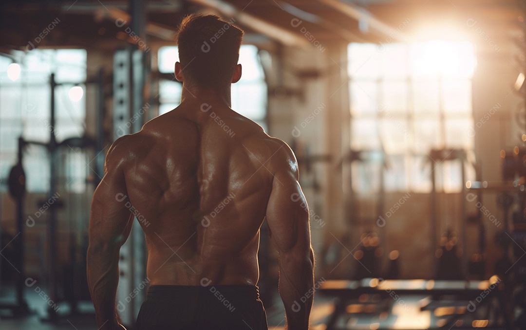 Homem fisiculturista sobre academia de fundo de cor sólida