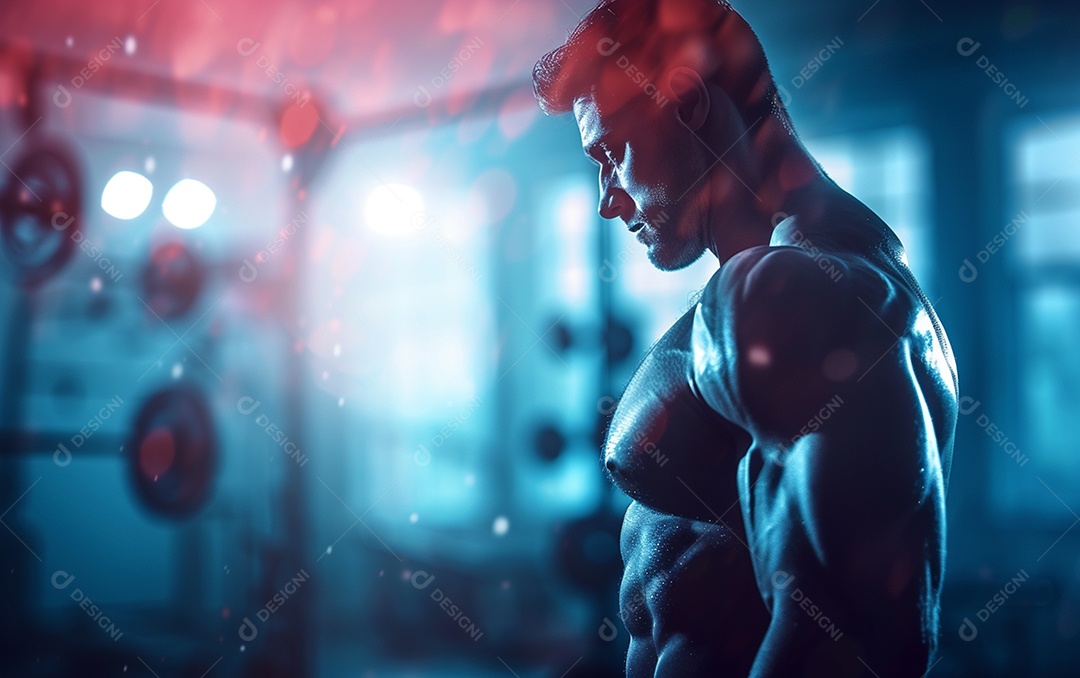 Homem fisiculturista sobre academia de fundo de cor sólida