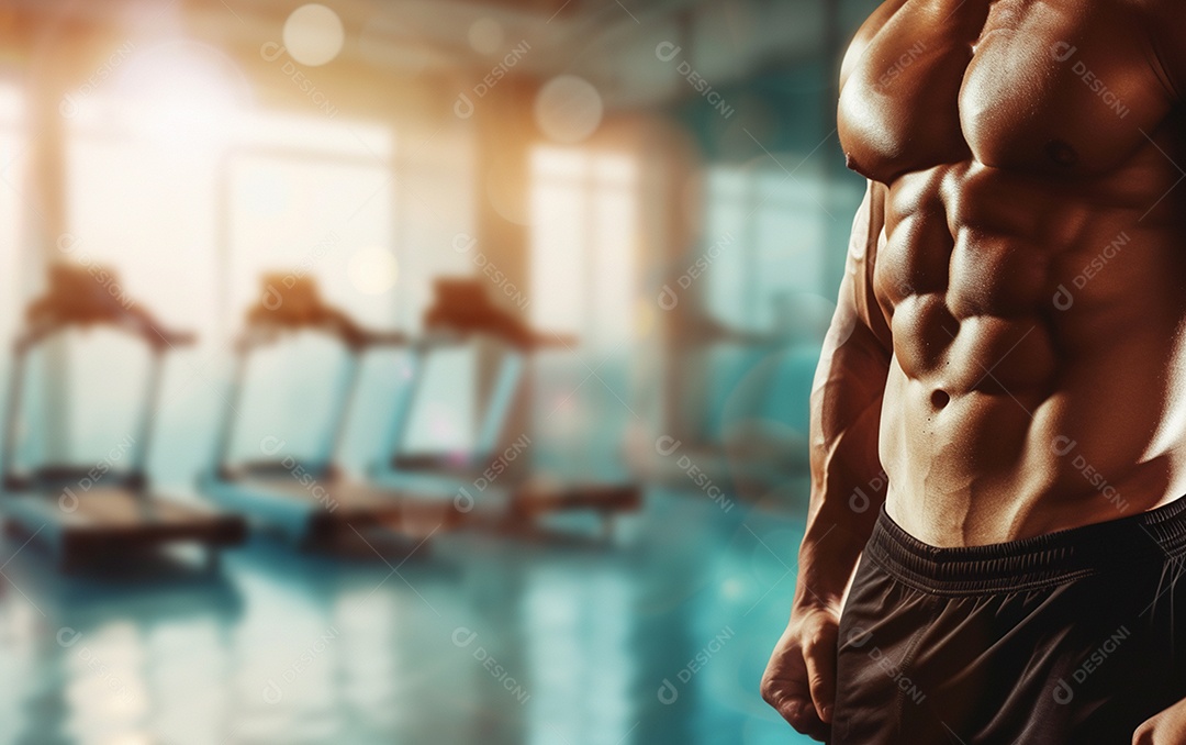 Homem fisiculturista sobre academia de fundo de cor sólida