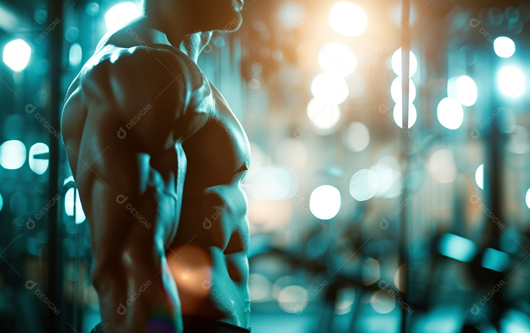 Homem fisiculturista sobre academia de fundo de cor sólida