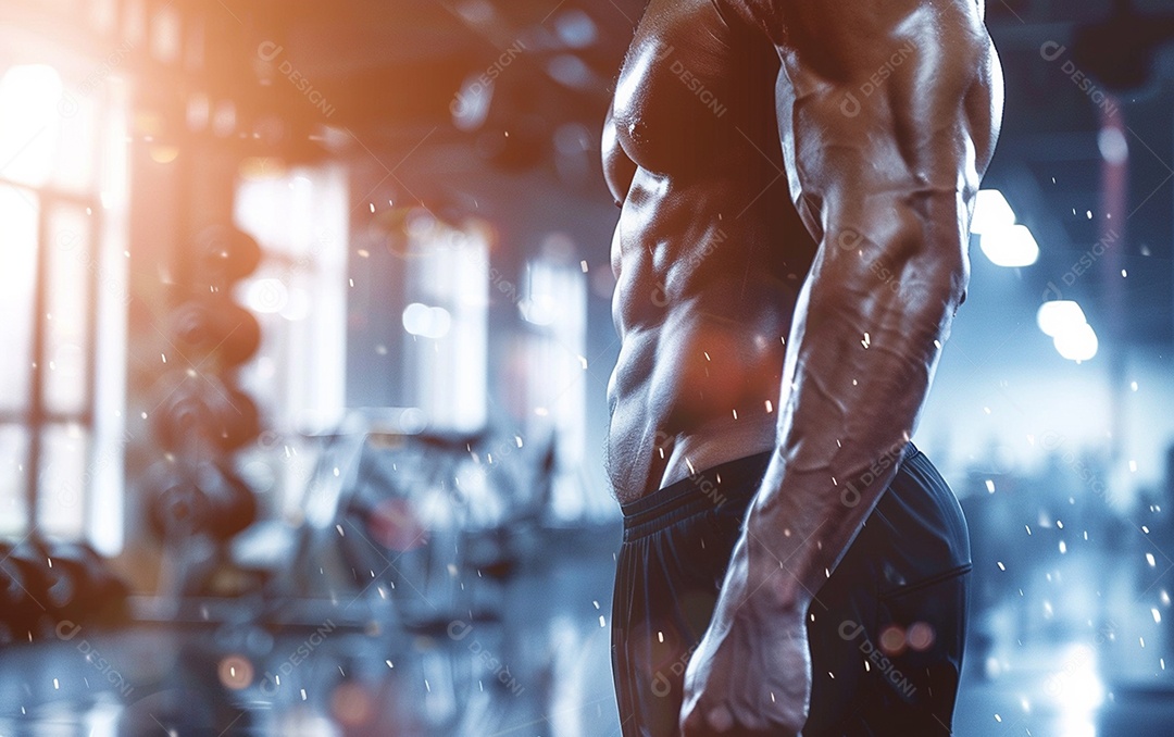 Homem fisiculturista sobre academia de fundo de cor sólida