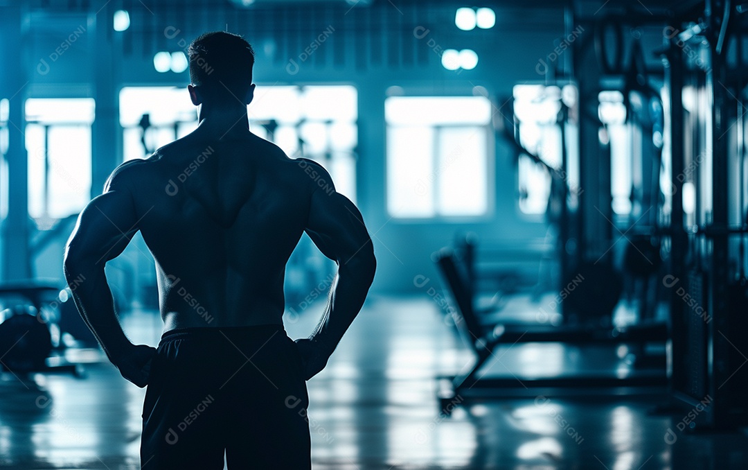 Homem fisiculturista sobre academia de fundo de cor sólida