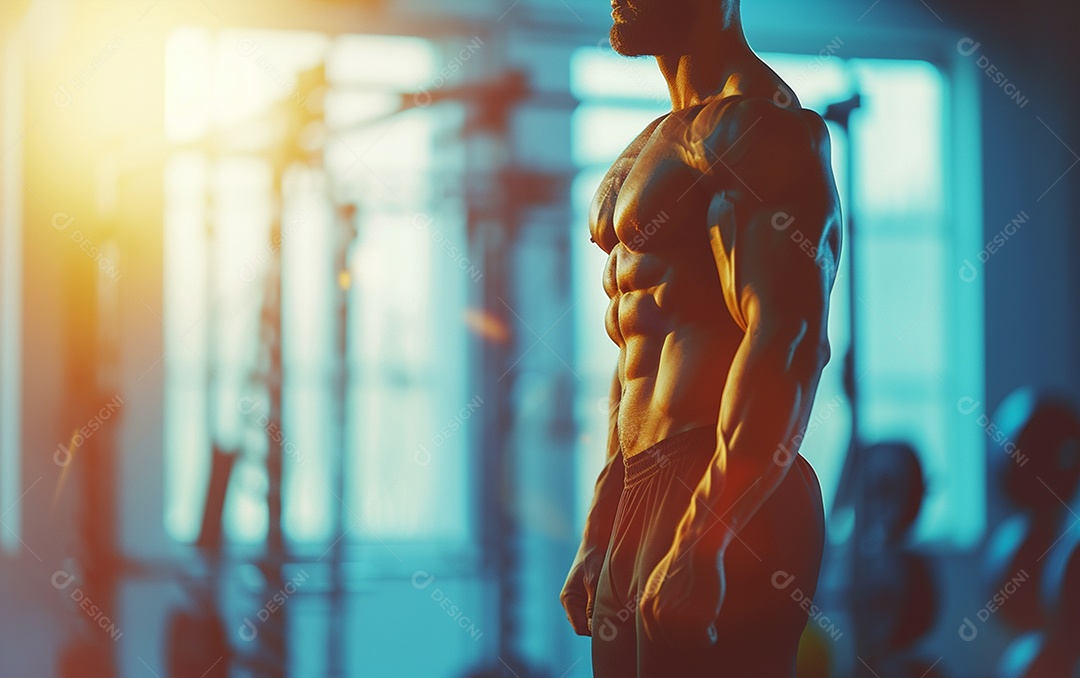 Homem fisiculturista sobre academia de fundo de cor sólida